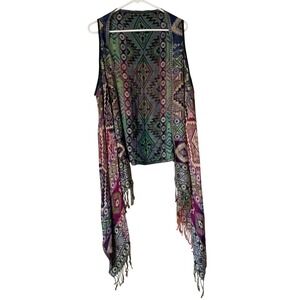 Boho Southwestern Geometric Tapestry Fringe Waterfall Open Front Vest Multicolor